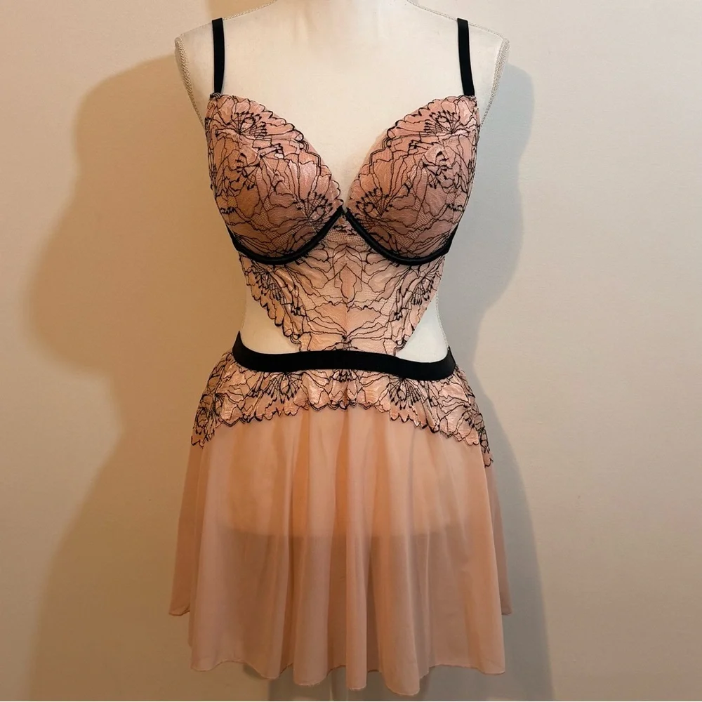 Auden Pink Black Lace Babydoll Chemise Lingerie Dress — Size Large - Picture 2 of 8
